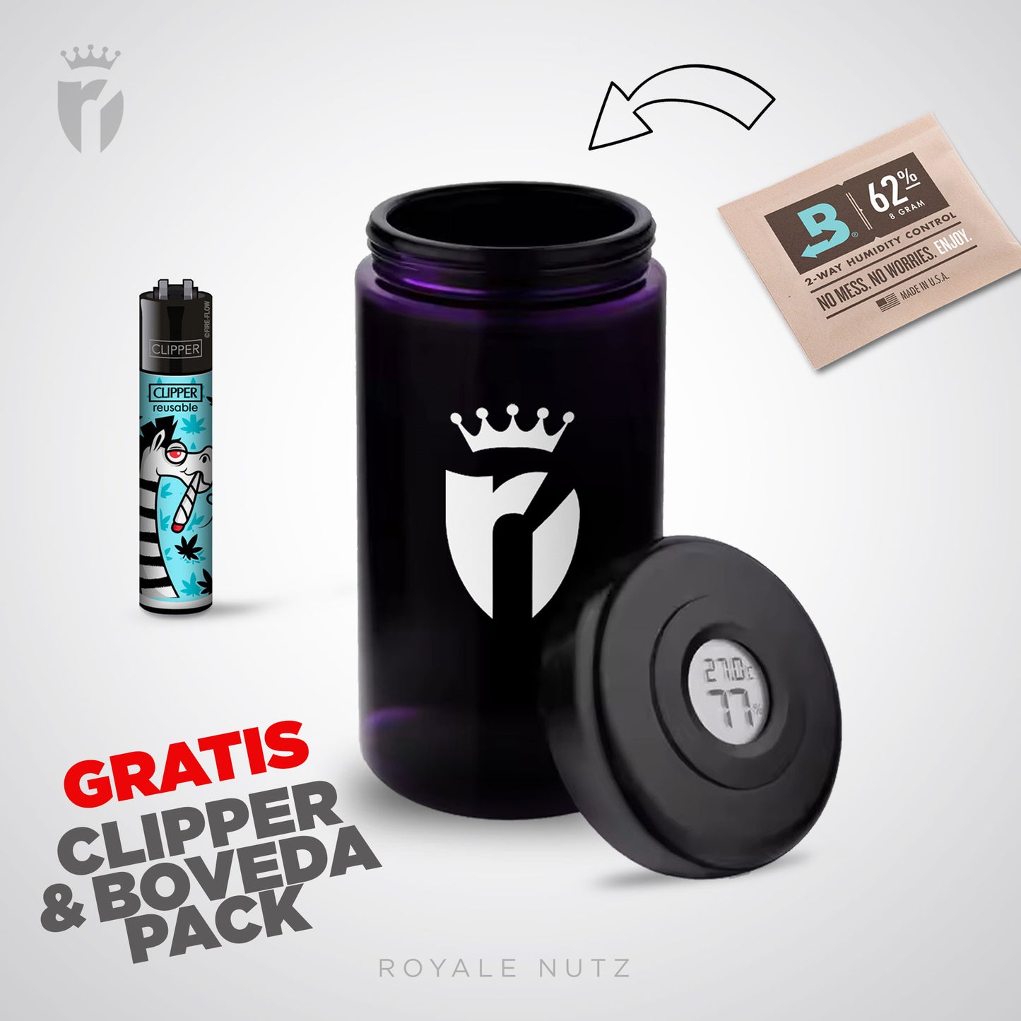 Humidor Glas mit Hygrometer + Boveda Pack & Clipper
