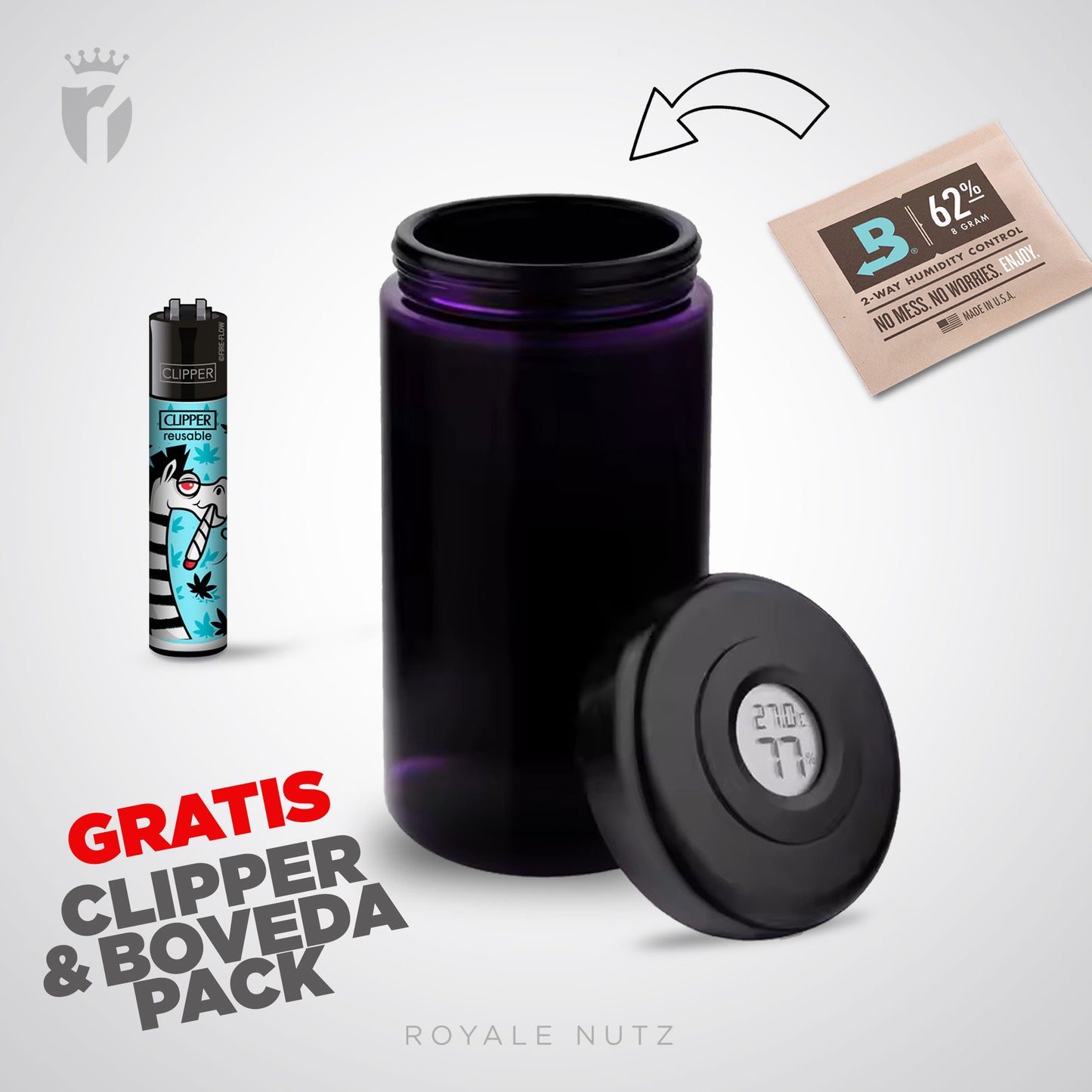 Humidor Glas mit Hygrometer + Boveda Pack & Clipper