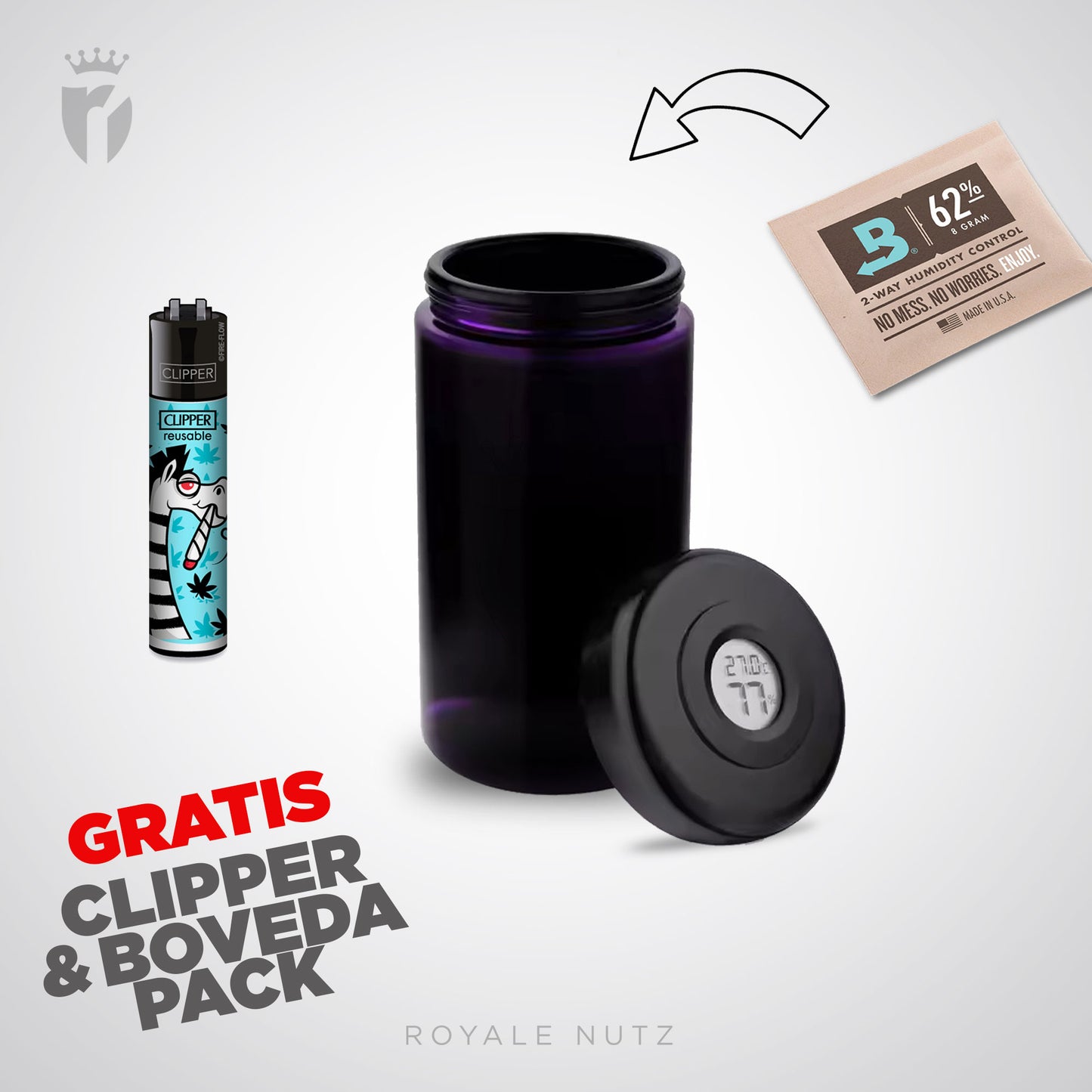 Humidor Glas mit Hygrometer + Boveda Pack & Clipper