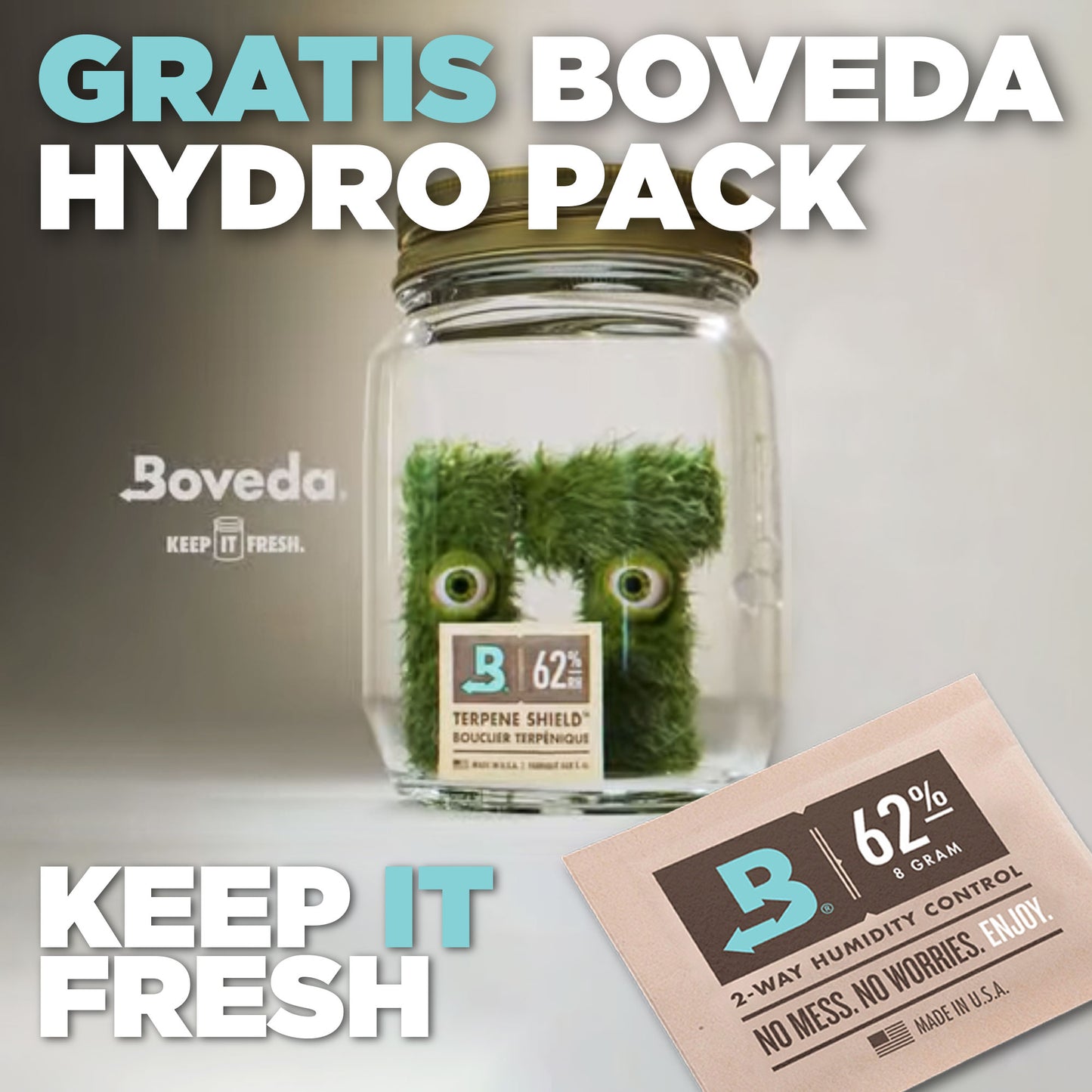 Humidor Glas mit Hygrometer + Boveda Pack & Clipper