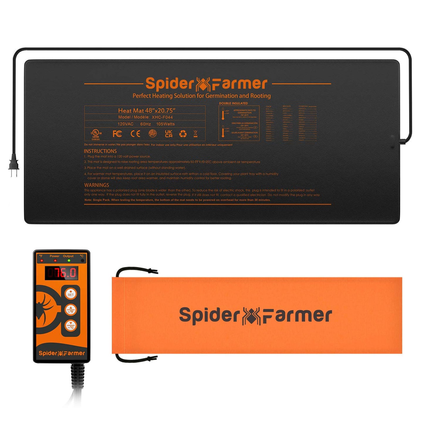 Spider Farmer Pflanzen Heizmatte mit Temperaturregler, 121 x 52 cm