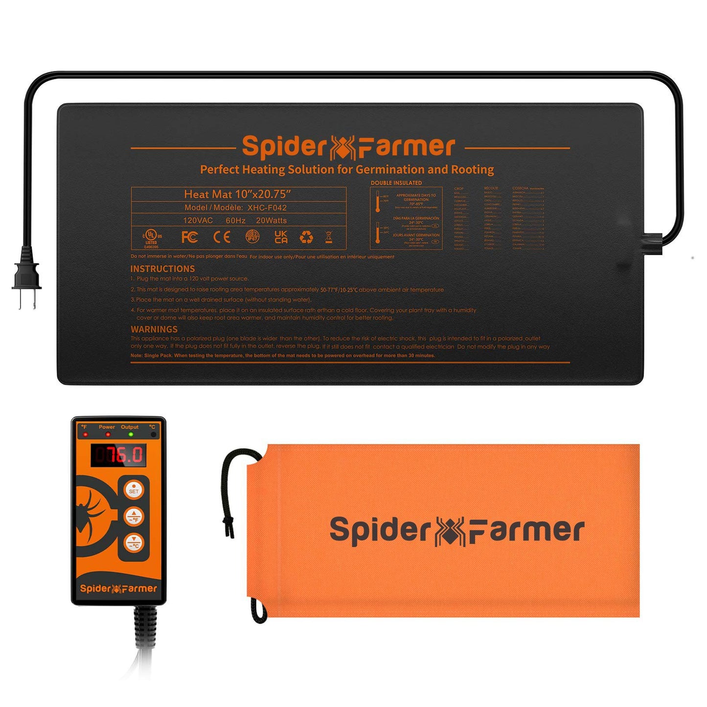 Spider Farmer Heizmatte für Setzlinge mit Temperaturregler, 52 x 25 cm