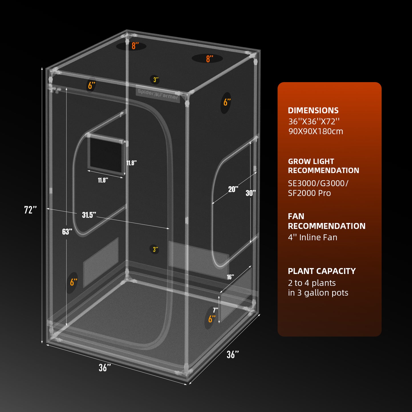 Spider Farmer 90x90x180cm Indoor Grow Zelt 1680D Hoch reflektierende Grow Box