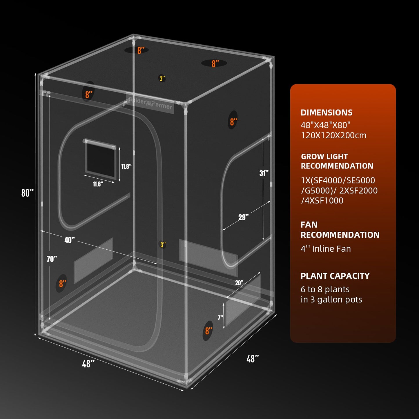Spider Farmer 120x120x200cm Indoor Grow Zelt 1680D Hoch reflektierende Grow Box